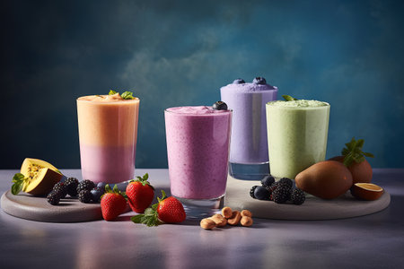 Colorful smoothies in glass with berries and fruits on wooden boardの素材