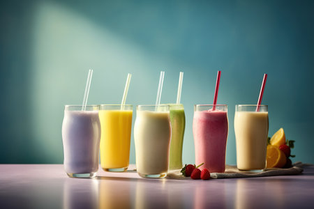 Colorful smoothies in glass with straws on table against blue backgroundの素材