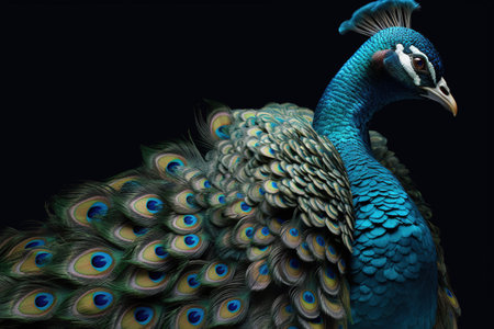 Peacock on a black background. 3D render. Illustration.の素材