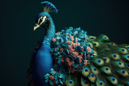 Beautiful peacock with flowers on dark background. Studio shot.の素材
