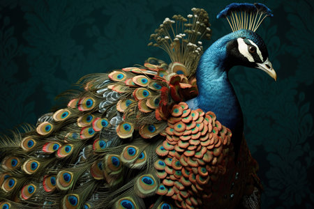 Peacock with colorful feathers on a vintage background, 3d renderの素材