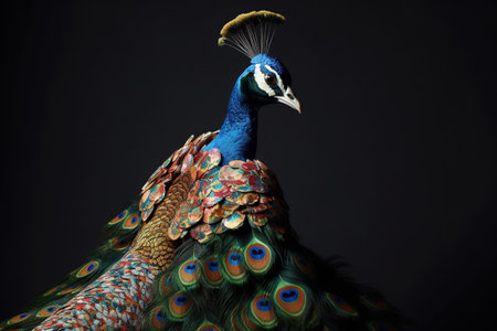 Peacock on a black background. Peacock with feathers.の素材