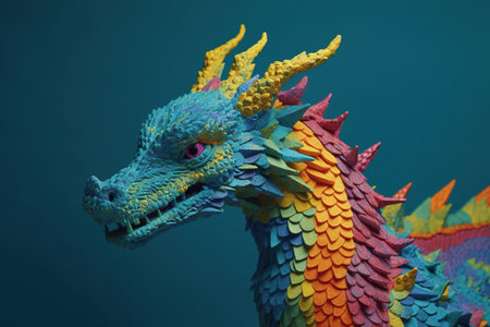Colorful dragon statue on blue background, closeup of photo.の素材
