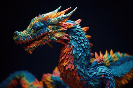 Colorful dragon made from plasticine on black background, close upの素材