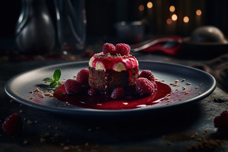 Chocolate cake with raspberries and cream, selective focus.の素材
