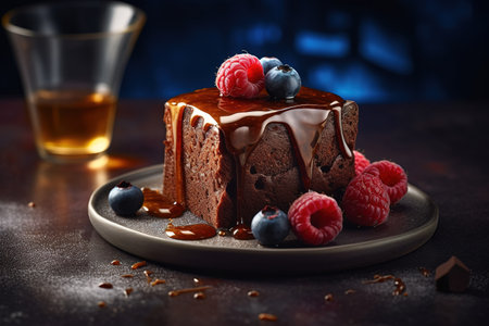 Chocolate cake with raspberries and blueberries on a dark backgroundの素材