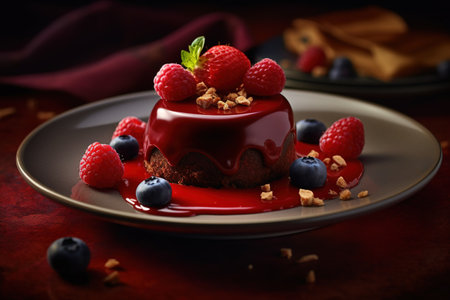 Chocolate mousse cake with raspberry and blueberry on dark backgroundの素材