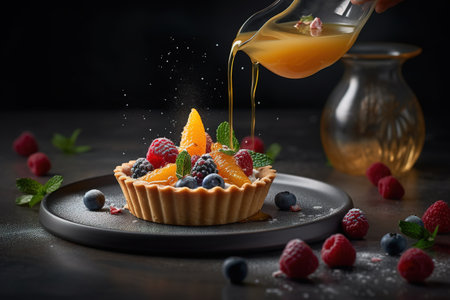 Delicious tartlet with fresh berries and orange juice on dark backgroundの素材