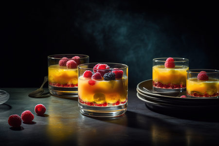 Passion fruit jelly with fresh raspberries and blueberries in glassesの素材