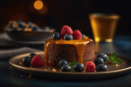Piece of chocolate cake with fresh berries and cup of tea on dark backgroundの素材