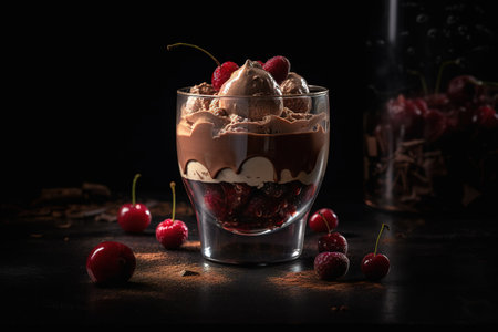 Chocolate mousse dessert with cherries and whipped cream in a glass on black backgroundの素材