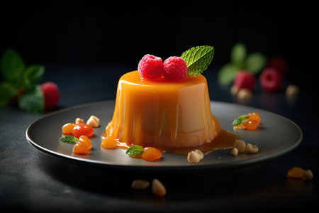 Panna cotta with caramel sauce and fresh raspberries on a black backgroundの素材