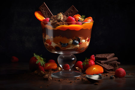 Chocolate trifle with strawberries, blueberries and chocolate on dark backgroundの素材