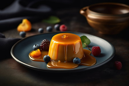 Panna cotta with caramel sauce and fresh berries on dark backgroundの素材