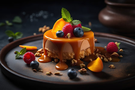 Panna cotta dessert with fresh berries and caramel sauce on dark backgroundの素材