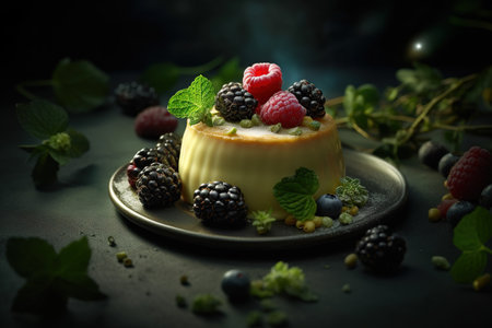 Cheesecake with fresh berries and mint on a black background.の素材
