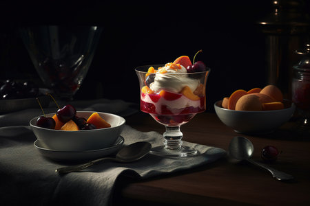Fruit dessert with whipped cream and fruits in a glass on a dark backgroundの素材