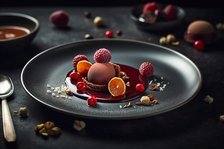 Chocolate ice cream with fresh raspberries and cranberries served on black plateの素材