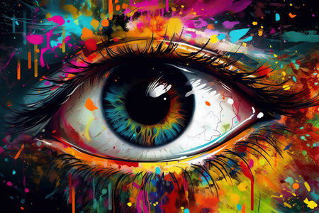 Colorful eye with paint splashes and blots on colorful backgroundの素材