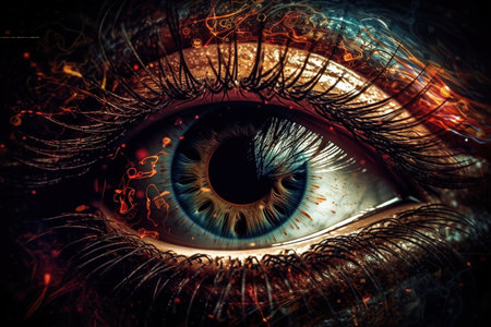 Close-up of human eye with glowing iris, 3D renderingの素材