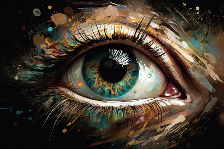 Colorful female eye with abstract grunge background. Digital illustration.の素材
