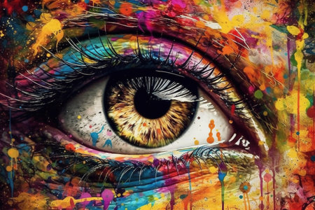 Close up of beautiful female eye. Colorful abstract painting background.の素材