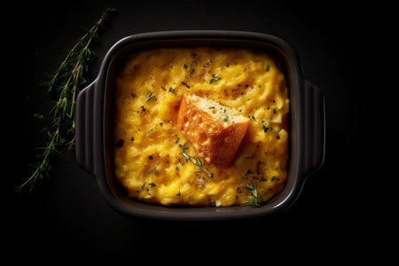 Casserole with cheese and thyme on a black background.の素材