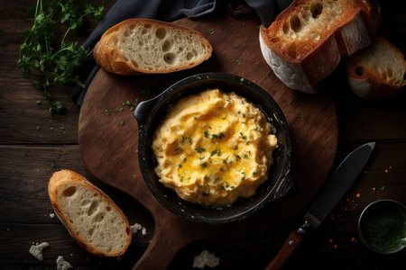 Scrambled eggs in a bowl with bread and parsley on wooden backgroundの素材