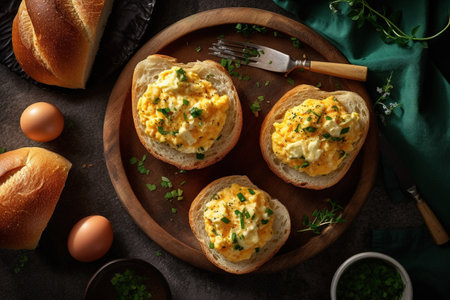 Delicious toasts with scrambled eggs on wooden board, top viewの素材