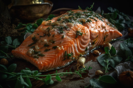 Salmon fillet with herbs and spices on rustic wooden backgroundの素材
