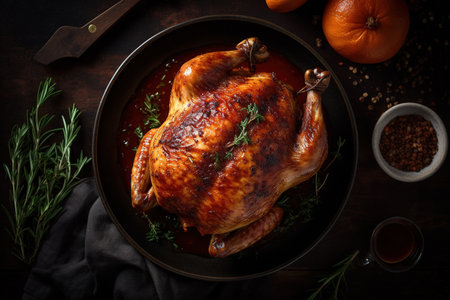 Baked turkey with rosemary and spices on dark rustic backgroundの素材