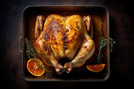 Roasted chicken with orange and thyme on wooden background. Top viewの素材