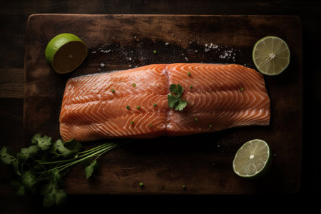 Salmon fillet with lime and parsley on wooden cutting boardの素材