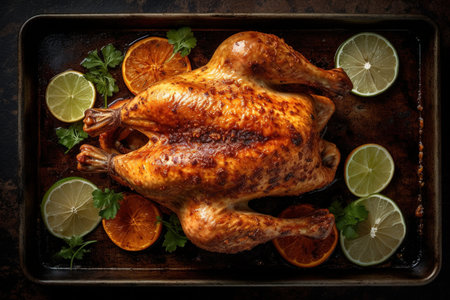 Roasted whole chicken with lemon and parsley on old metal trayの素材