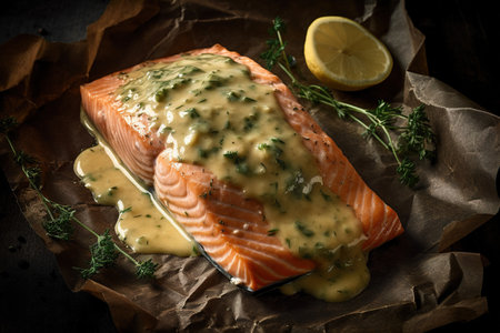 Fresh salmon fillet with lemon and herbs on wooden background. Toned.の素材