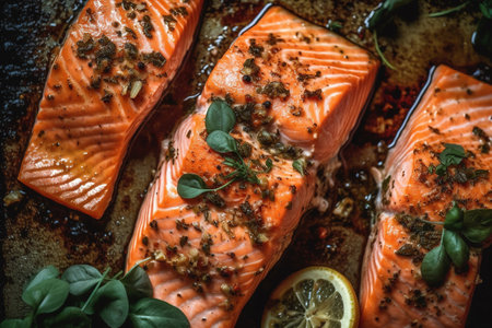 Fresh salmon steaks with lemon and herbs on a baking sheet. Toned.の素材