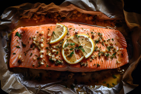 Salmon fillet with lemon and thyme on baking paper.の素材
