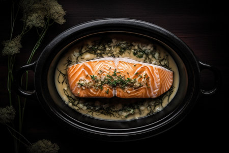 Salmon fillet with dill and cream sauce on black backgroundの素材