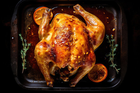 Roast chicken with thyme and orange on black tray. Toned.の素材