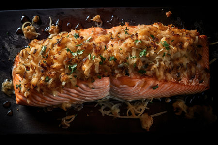 Baked salmon fillet with onion and parsley on a black backgroundの素材