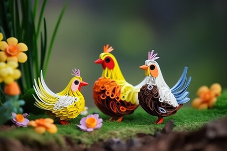 Quilled very cute chicken family with beautiful colors in paper strips, 3D, photographyの素材