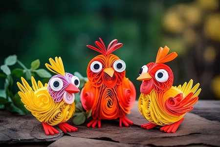 Quilled very cute chicken family with beautiful colors in paper strips, 3D, photographyの素材