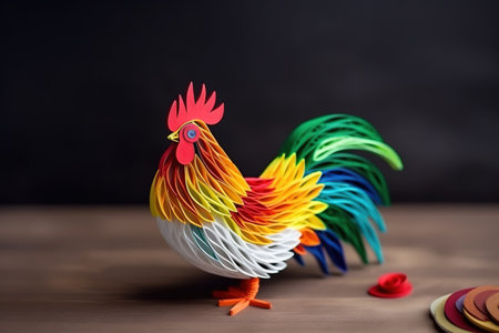 Colorful handmade roosters made of paper on a bright backgroundの素材