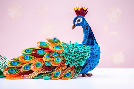 Quilled very beautiful peacock with beautiful colors in paper strips 3D photographyの素材
