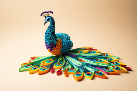 Quilled very beautiful peacock with beautiful colors in paper strips 3D photographyの素材