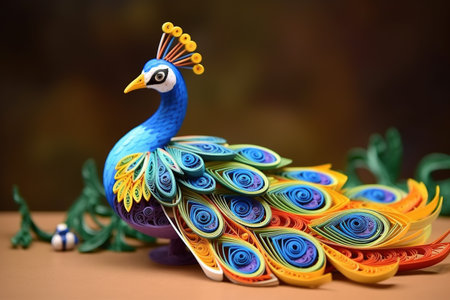 Peacock made of colorful paper on wooden table, closeupの素材