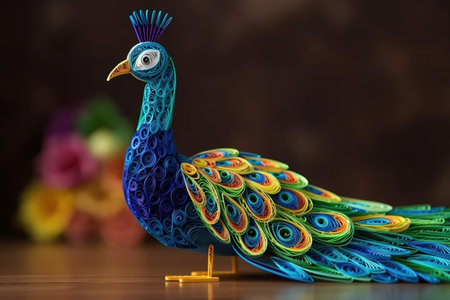 Quilled very beautiful peacock with beautiful colors in paper strips 3D photographyの素材
