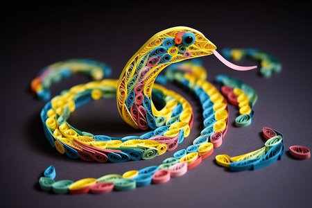colorful snake made of plasticine on a black background closeupの素材