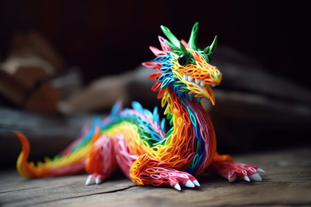 Colorful chicken made of plasticine on a wooden table. Selective focus.の素材