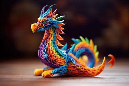 Colorful dragon made of plasticine on a wooden background, close upの素材